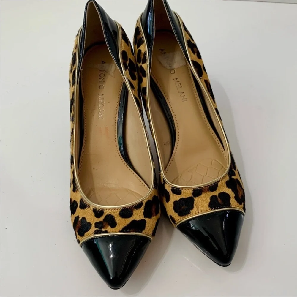Antonio Melani cheetah calf hair patent leather toe metalic heel pump’s 7.5M